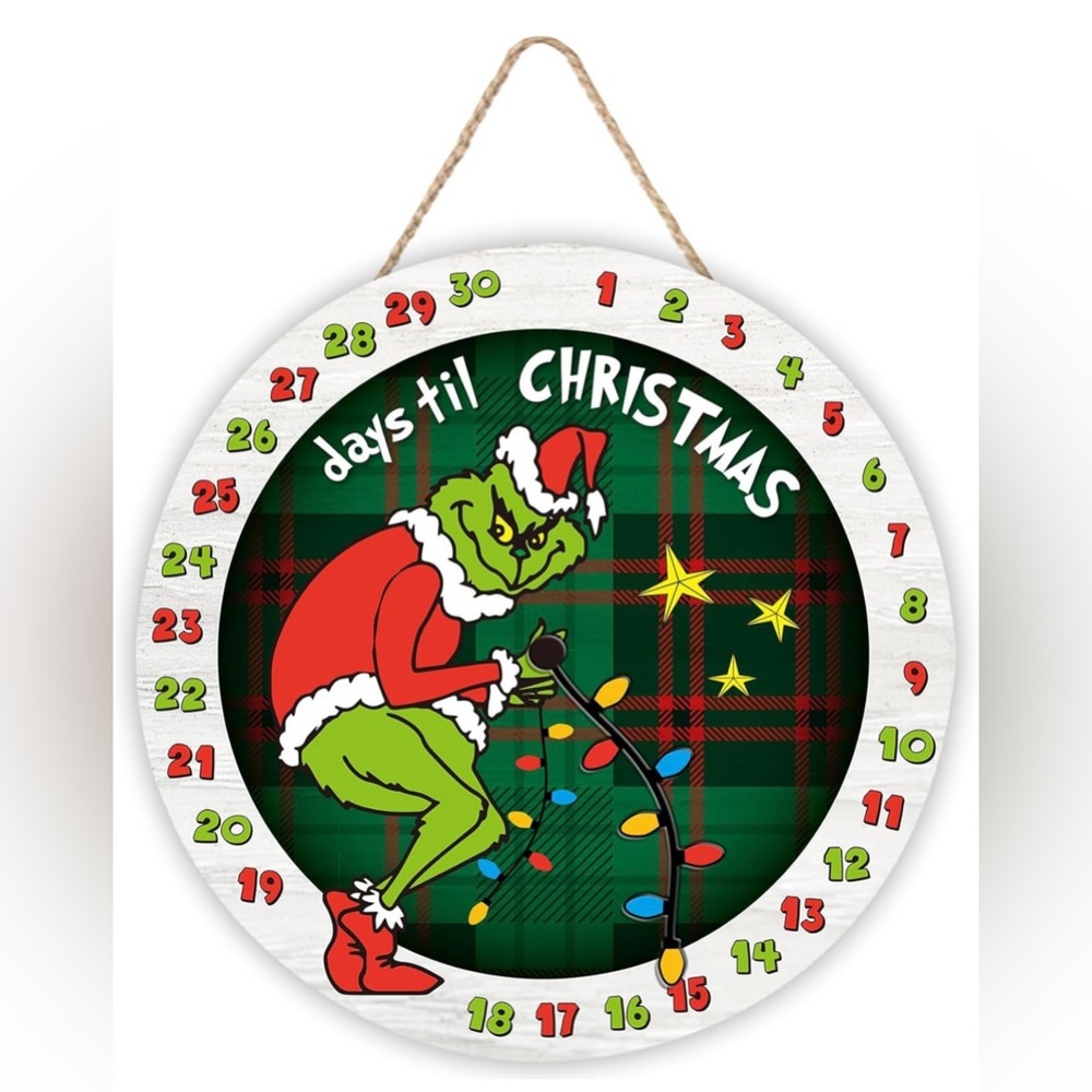 Grinch Days Til Christmas Countdown Hanging Sign Plaid Holiday Decor